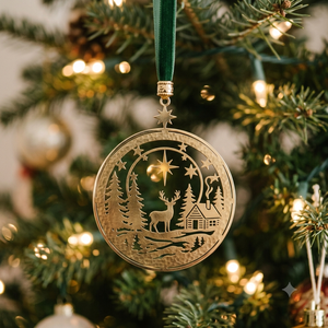 En gros, Ornement de Noël en laiton découpé en forme de renne, cabane forestière d'hiver, étoile et médaillon, avec ruban de velours vert - Product Image 1