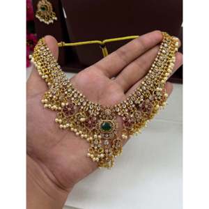 Indian Ethnic <b>Artificial</b> <b>Jewellery</b> Neha Traditional Gold-Plated Bridal Necklace Set for Ladies - Product Image 2