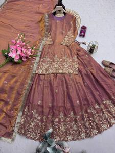 Premium Mauve Tissue <b>Silk</b> <b>Kurta</b> Lehenga Set Heavy Zari Embroidered Short Kurti with Flared Skirt Indian Pakistani Wedding Wear - Product Image 4