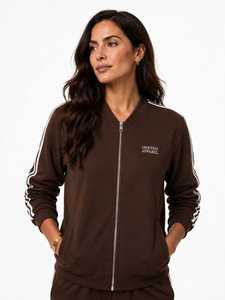 ONETEN APPAREL Ensemble de survêtement en coton marron pour femme, veste à col montant zippée, pantalon long à rayures latérales - Product Image 5