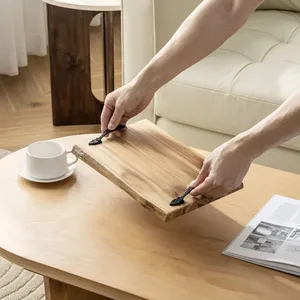 Wooden Serving Tray Rectangle Solid Minimalist Design Handmade with Metal Handles for Dishes & <b>Plates</b> - Product Image 3