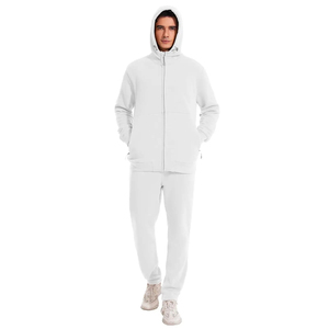 Custom Streetwear Men's White Sporty Hooded Fleece Tracksuit Set Polyester Quick Dry Drawstring Closure Regular Fit Side Pockets - Product Image 1