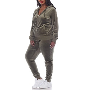 Women's Olive Green Hooded <b>Tracksuit</b> Set Full Length Solid Color Casual Joggers with Side Pockets Zipper Fly Autumn Wear - Product Image 3