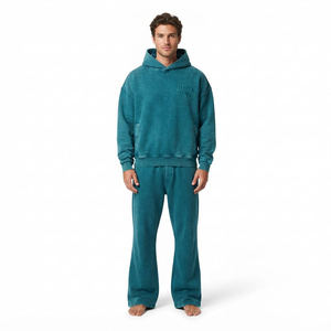 Men's Relaxed Fit Acid Wash Distressed Tracksuit Drop Shoulder Kangaroo Pocket Hoodie And <b>Wide</b> <b>Leg</b> <b>Jogger</b> Two Piece - Product Image 6