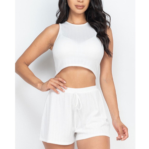 Women's <b>2</b> <b>Piece</b> <b>Set</b> Sleeveless Crop Top with Hollow Design <b>White</b> Knee-Length Shorts Casual Spring Summer Wear Polyester/Cotton - Product Image 2