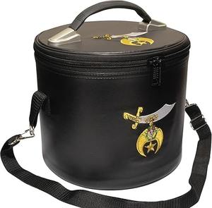 Étui de luxe pour fez maçonnique Shriner en cuir noir – Double emblèmes brodés (avant et dessus) avec bandoulière - Product Image 1