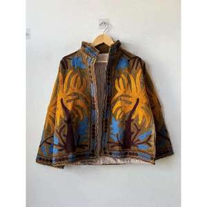 Premium Brown <b>Velvet</b> Embroidered Suzani <b>Jacket</b> With Floral Pattern Stand Collar Full Sleeve Autumn Women's Outerwear - Product Image 1