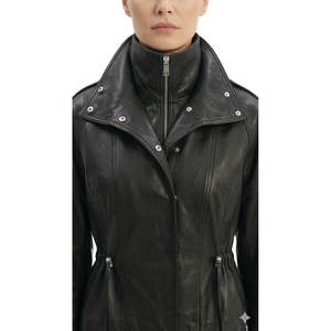 Veste en cuir utilitaire urbaine pour femme avec taille ajustable par cordon de serrage et col cheminée - Product Image 1