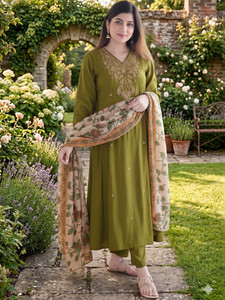 Grüner Traditioneller Rayon A-Linien Salwar Anzug für Damen mit Blumen-Dupatta, Normale Passform, Knöchellang, Freizeitkleidung Indien Pakistan - Product Image 1