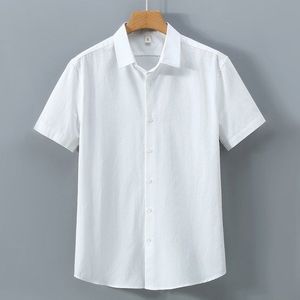 White Men Short Sleeve <b>Button</b>-Up Shirt 100% Cotton Poplin Solid Casual for Style Woven Summer Wear - Product Image 1