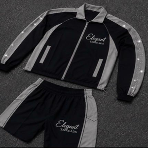 Conjunto Deportivo Elegante para Hombre con Bloques de Color, Chaqueta con Cierre y Pantalones Cortos de Secado Rápido, Poliéster y Spandex, Ropa de Primavera - Product Image 5