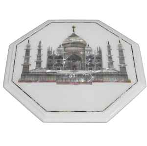 Plateau de table circulaire / Assiette décorative en agate sculptée à la main avec incrustation Taj Mahal, fournisseur indien (Origine Delhi) - Product Image 1