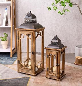 Juego de Portavelas de Madera Rústica con Panel Superior de Vidrio y Metal, Lámpara de Mesa Estilo Rústico, Decoración para el Hogar, Navidad, Hecho a Mano - Product Image 4