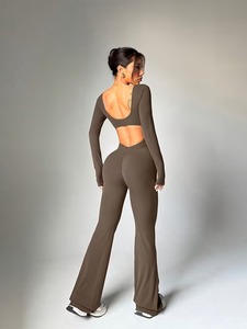 Women's Sculpting Mock-Neck Long Sleeve Jumpsuit | Sleek Flare-Leg <b>Yoga</b> <b>Unitard</b> | Breathable Polyester Spandex Performance Wear - Product Image 3