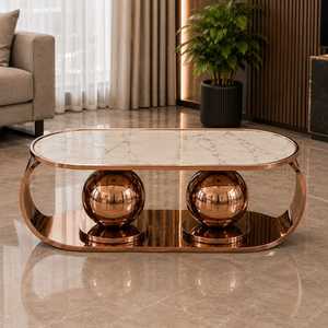Rose Gold Double Ball Living Room Center <b>Table</b> White Marble Top <b>Mirrored</b> Lower Shelf Modern Oval Coffee <b>Table</b> Steel Frame - Product Image 4
