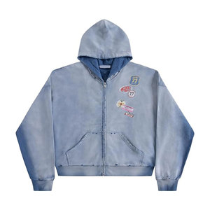 Sweat à capuche zippé vintage délavé à l'acide, coupe ample, style streetwear, avec badge graphique, poches, coupe décontractée, tendance et mode - Product Image 1