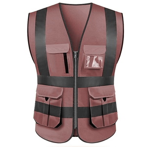 Chaleco de Seguridad Reflectante de Alta Visibilidad Unisex, Ropa de Trabajo de Poliéster Color Borgoña con Bolsillos y Cierre de Cremallera - Product Image 1
