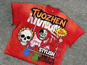 T-shirt à manches courtes pour homme TuoZhen, motif de crânes, style streetwear, col rond, coupe régulière, design imprimé - Product Image 2