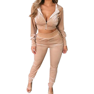 Women's Beige Velvet Hooded Tracksuit Set Full Sleeve <b>Zipper</b> Front Crop <b>Top</b> With Side Pockets Skinny Fit Sweatpants Autumn Wear - Product Image 1