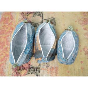 Indian Kantha Hand Block Print Cotton Cosmetic Bag Set with Tassel Zipper Closure Vintage Style-Women's Travel Makeup Pouch - Product Image 4