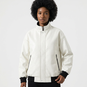 <b>Men's</b> <b>White</b> <b>Jacket</b> Stand Collar Zipper Casual Autumn Style Regular Fit Embossed Texture Solid Color - Product Image 5