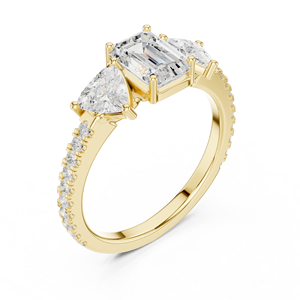 Yellow Gold <b>Emerald</b> Cut Three Stone <b>Ring</b> with Trillion Side Stones Pave <b>Band</b> Women Engagement Fashion Jewelry <b>Ring</b> - Product Image 3