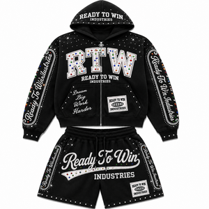 ชุดเซ็ตฮู้ดดี้พร้อมส่งจาก Ready To Win Industries สีดำ พิมพ์ลายกลิตเตอร์ประดับเพชร สไตล์สตรีทแวร์ แขนยาว ซิปด้านหน้า กางเกงขาสั้นทรงปกติ - Product Image 1