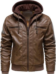 Men Brown PU Leather Moto Biker <b>Jacket</b> Hooded <b>Zipper</b> Front Sherpa Lining Windproof Winter Style Slim Fit Regular Sleeve - Product Image 4