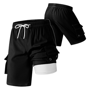 Men Quick Dry Cargo Shorts with Pockets Drawstring <b>Mid</b> Waist Bermuda Swim Polyester/Cotton Knitted Solid Blue Casual Summer Wear - Product Image 5