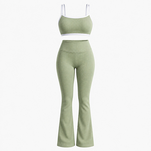 Green Ribbed Double Strap Cami Bralette Flare Yoga <b>Pants</b> Contrast Piping High Waisted Bootcut Women <b>Dance</b> Bell Bottom Set - Product Image 1
