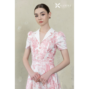 Robe midi élégante à imprimé floral rose avec col à revers, manches bouffantes, taille cintrée, coupe trapèze, robe de soirée pour femme, prix de gros - Product Image 1