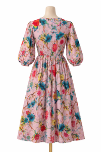 Pink Floral Carry Print Cotton Dress Dori Neck Long Length with Side Pockets Women Casual Hand Block Print Handmade Masterpiece - Product Image 2