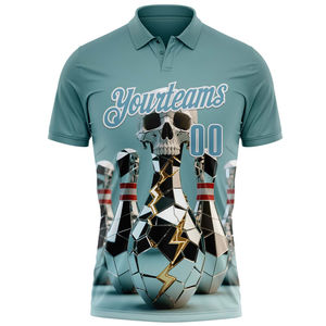 Camisa de bowling de rendimiento para hombre, personalizada, con estampado de calavera de espejo 3D azul sombreado y blanco, con bolsillo, de tela que absorbe la humedad, de manga corta. - Product Image 2