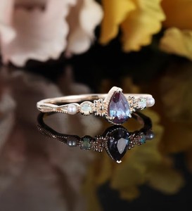 Bague de fiançailles en argent sterling 925 plaqué or rose Alexandrite, pierre précieuse à changement de couleur, bijoux de mariage vintage - Product Image 3