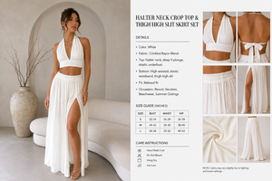 ชุดเสื้อครอปคอ halter สีขาวและกระโปรงแม็กซี่จีบสำหรับผู้หญิง เหมาะสำหรับใส่ไปเที่ยวพักผ่อนริมชายหาดหรืองานปาร์ตี้ - Product Image 4
