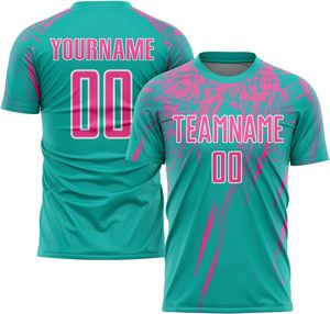 เสื้อฟุตบอลพิมพ์ลายตามสั่ง แบบซับลิเมชั่น สำหรับผู้ใหญ่ ทุกเพศ สีเขียวอมฟ้าชมพู พร้อมชื่อทีมและหมายเลข ระบายอากาศได้ดี ผ้าตาข่ายด้านหน้า แขนสั้น - Product Image 1