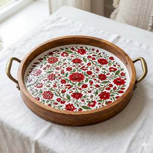 Bandeja Redonda de Madera de Acacia Hecha a Mano con Incrustaciones de Esmalte Floral Rojo y Asas Doradas, Elegante Bandeja Decorativa para Servir en el Hogar - Product Image 2