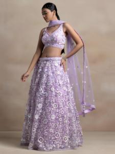 Ensemble Lehenga Choli pour femmes, broderie lourde violette, tenue de mariage indienne traditionnelle, robe longue en polyester à séchage rapide - Product Image 3