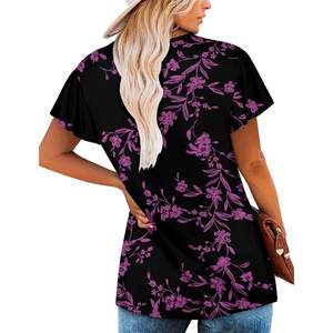 2025 femmes été tunique hauts col en v Blouses à manches courtes coupe ample noir et violet taille L dames hauts en tricot - Product Image 3