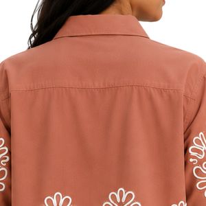 Camisa Corta de Mujer en Color Terracota con Botones, Bordado Floral Blanco, Manga Corta, Blusa Casual de Verano, Top de Diseñador de Moda en Algodón - Product Image 6