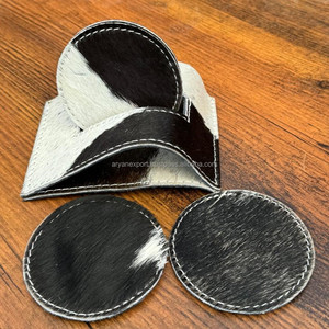 Wholesale Non-slip Genuine Leather Round Kitchen Supplies Cowhide Placemat Cup <b>Mat</b> Table Coaster Set with Stand for Dining Table - Product Image 2