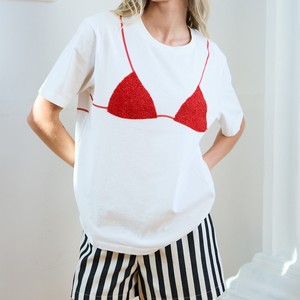Women's White Crew Neck T-Shirt With Yellow <b>Polka</b> <b>Dot</b> <b>Bikini</b> Applique Casual Short Sleeve Loose Fit Spring Summer Top - Product Image 4