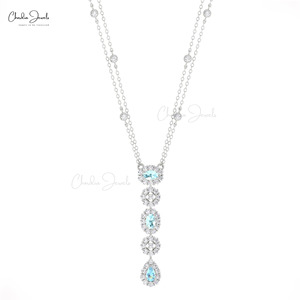 สร้อยคอทองคำแท้ 14k ประดับพลอยอะความารีนทรงหยดน้ำขนาด 5x3 มม. และเพชรแบบคลัสเตอร์ งานสั่งทำพิเศษจากอินเดีย - Product Image 3