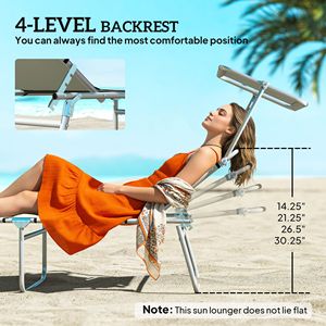 Cream White Outdoor <b>Pool</b> Folding <b>Tanning</b> Lounge Chair with Sun Shade Aluminum Frame and Olefin Cushion for Poolside Use - Product Image 4