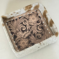 Nouveau plateau en cuir de vachette véritable, décoré de fleurs, fait à la main, style western rustique, organisateur de rangement pour la décoration de la maison et du bureau