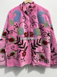 Pink <b>Velvet</b> Sheep Skin Embroidered Blazer Mandarin Collar Full Sleeve Handwork <b>Women's</b> Autumn Winter <b>Jacket</b> - Product Image 6