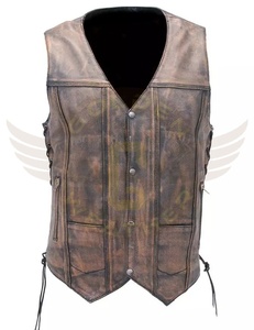 Personnalisé 2022 hommes mode marron cuir gilet réversible Biker Style lacets latéraux unisexe hiver accessoire tissu poche - Product Image 1