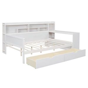 Antique White Wooden Full-Size Daybed with Storage Shelves & Multi-functional <b>Study</b> <b>Desk</b> Two Storage Drawers - Product Image 6