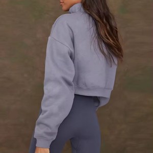 Sudadera con capucha de diseño casual para mujer, con cremallera, de algodón, de felpa francesa, con abertura, estilo crop, lisa, personalizada - Product Image 4