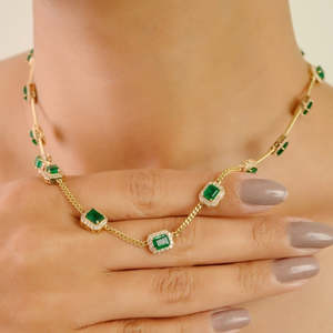 14K White Gold Octagon 6.2 Ct Emerald Cut Emerald & Natural Diamond Halo Vintage Link Necklace - Product Image 3